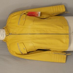 Sunflower Yellow Real Leather Jacket 45" Chest NWT Moto Zip Bright Mustard Gold